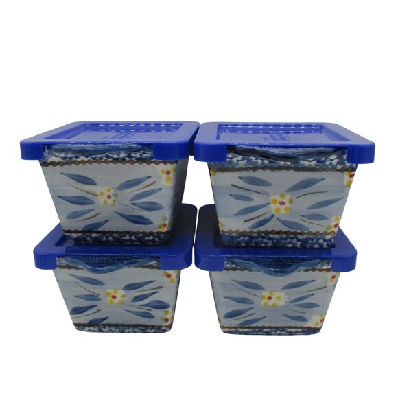 Temptations Old World Ramekins Bakeware Blue Leaf Set of 4 with Lids 4" x 3" - Picture 3 of 6